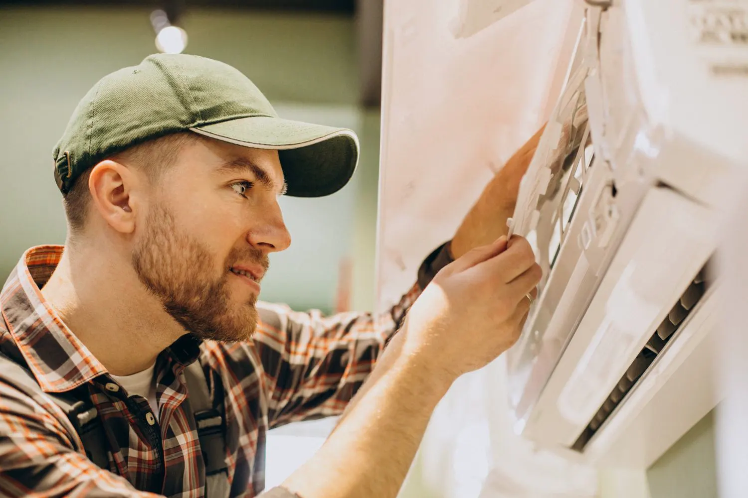 Technician performing a tune-up on an indoor AC unit